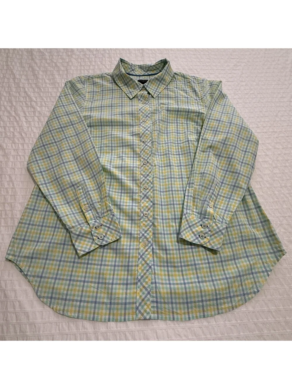 Talbots Plaid Button Up Shirt Long Sleeve Blue Yellow Green Check 1X Cotton Top
